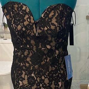 Dress prom black mermaid lace over nude underlay